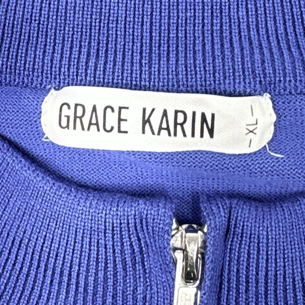 Grace Karin Blue Full Zip Cardigan‎ Sweater XL Mock Neck Viscose Blend Fine Knit